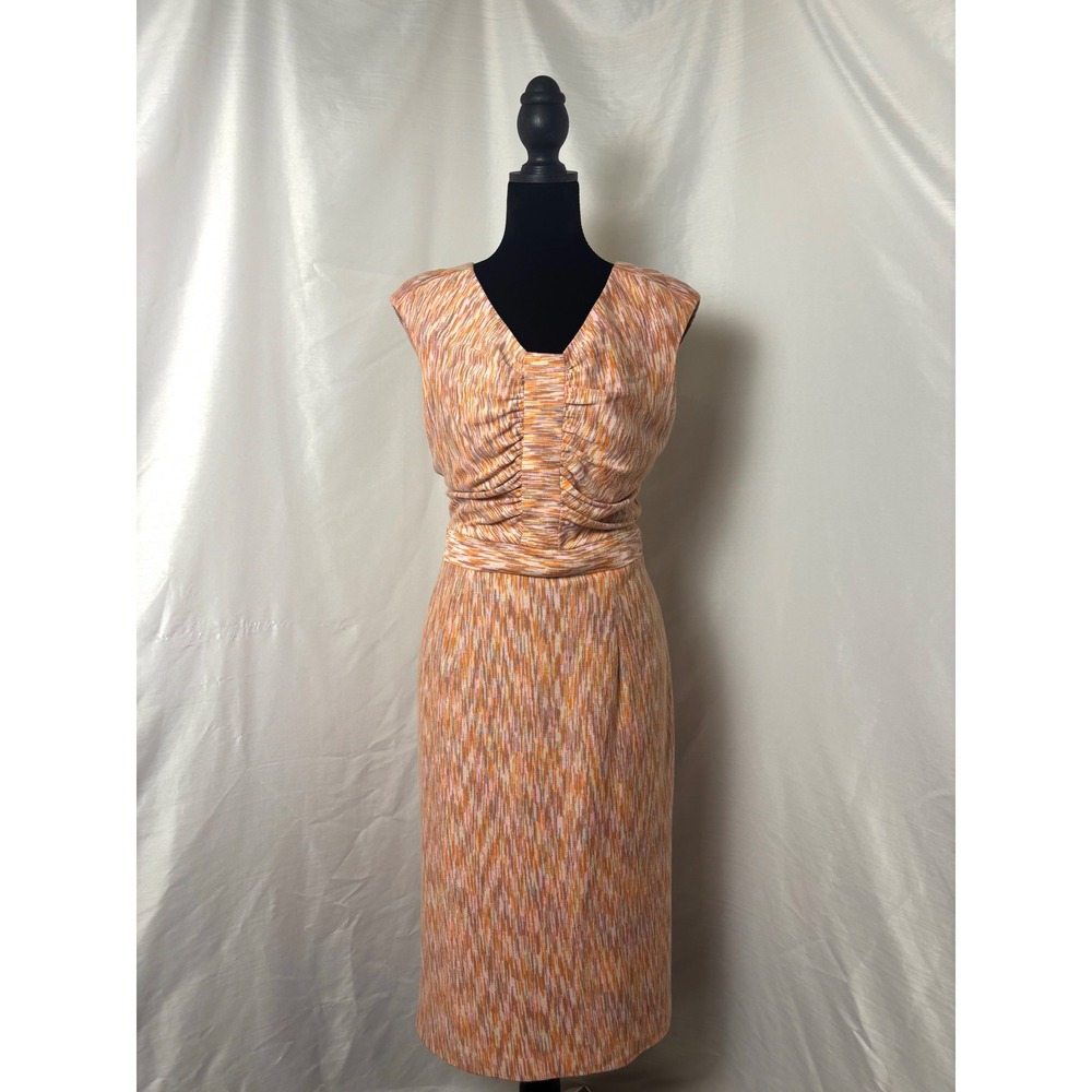Alex Marie Orange Pink Space Dye Ruched V-Neck Sleeveless Sheath Midi Dress 8